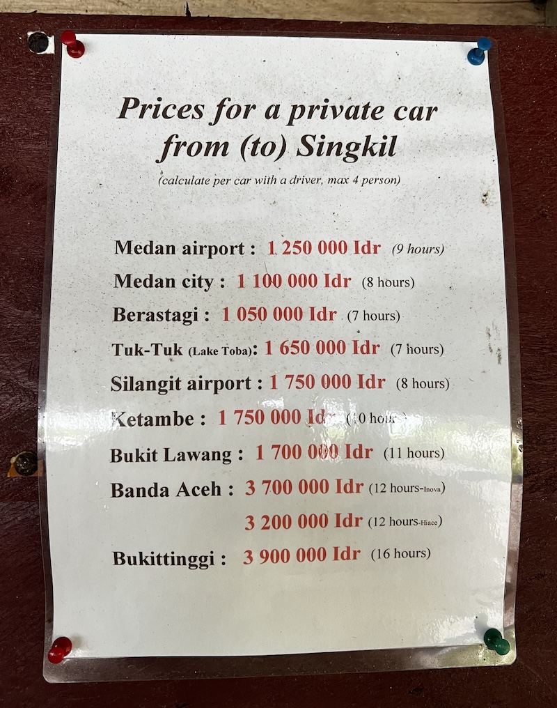 Transport cost for a private driver to Singkil from Medan, Berastagi, Bukit Lawang