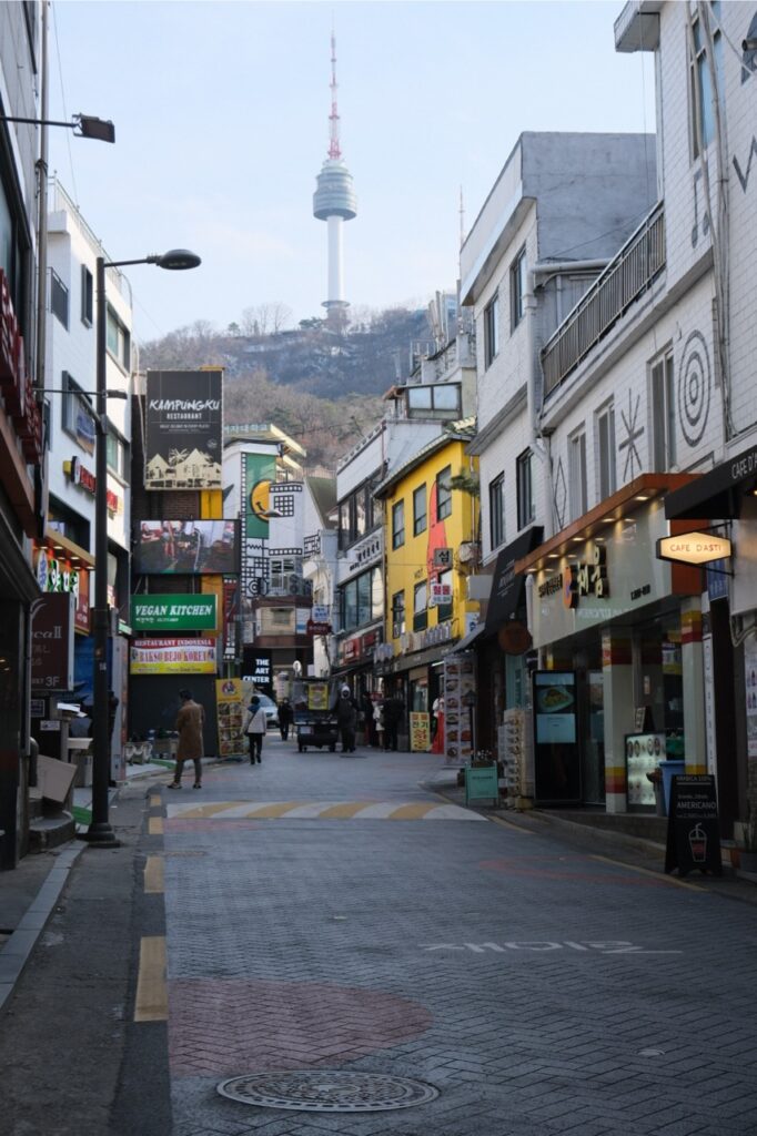 Myeong Dong district in Seoul with Seoul Tower